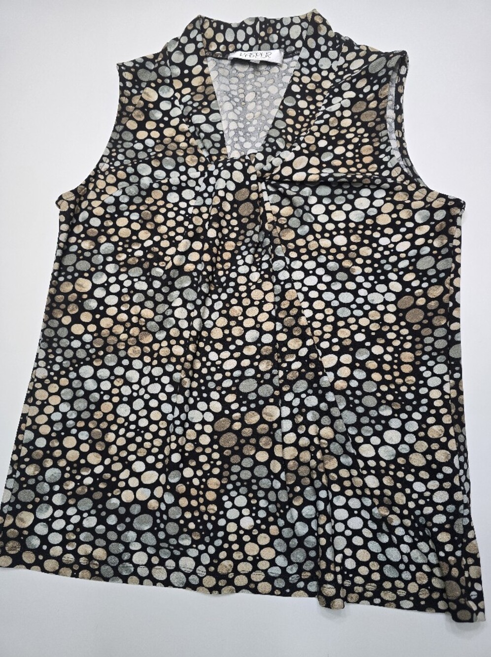 Kasper Sleeveless Tie-Neck Polka Dot Top in Black and Beige